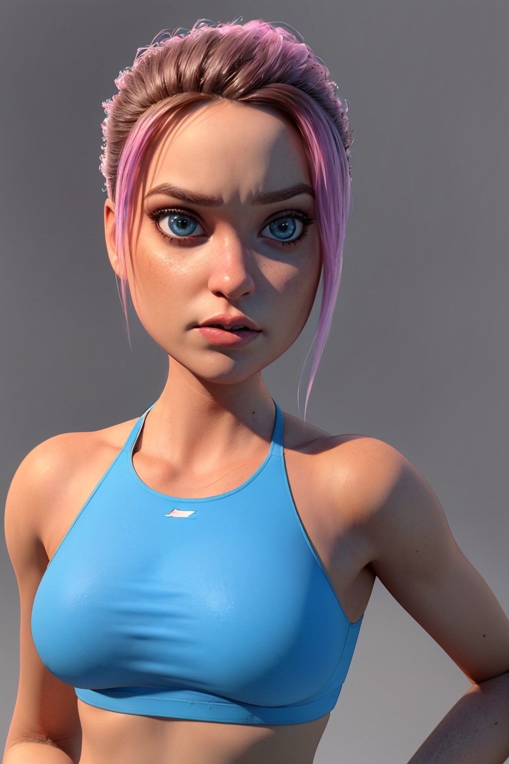 (ultra realistic,32k, masterpiece:1.2),(high detailed skin:1.1),( 8k uhd, dslr, high quality:1.1), (BLUE SPORTS BRA), (muscular female:0.8), (huge breast:1.1), (looking at viewer, portrait:1.1), upper body, hand on hip, (glow in the dark:1.1),blank background,Brooklynn_Jurassic_Park