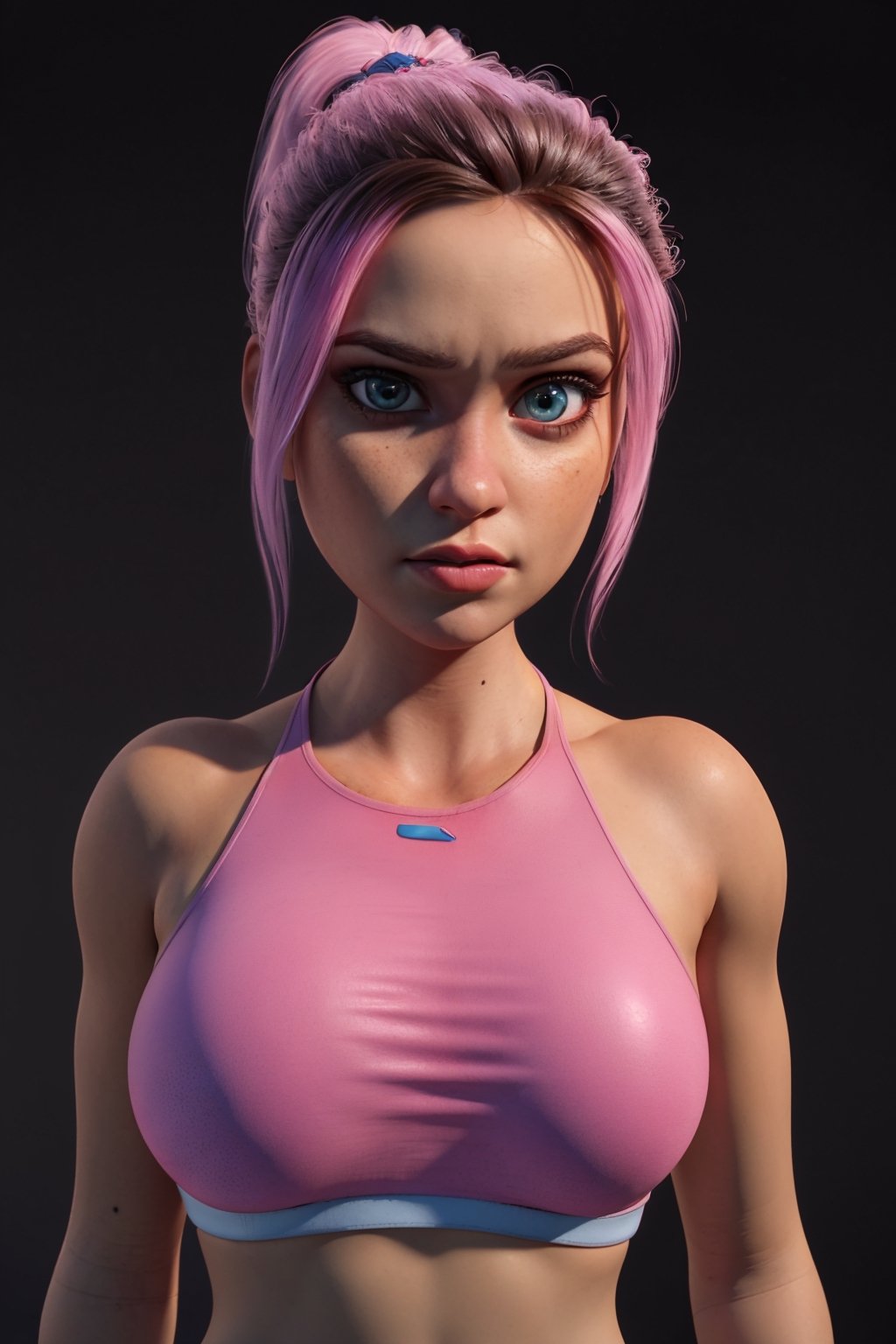 (ultra realistic, 8k, masterpiece:1.2), (high detailed skin:1.1), (uhd, dslr, high quality:1.1), (BLUE SPORTS BRA), (muscular female:0.8), (huge breast:1.1), (looking at viewer, portrait:1.1), (glow in the dark:1.1), blank background, Brooklynn_Jurassic_Park