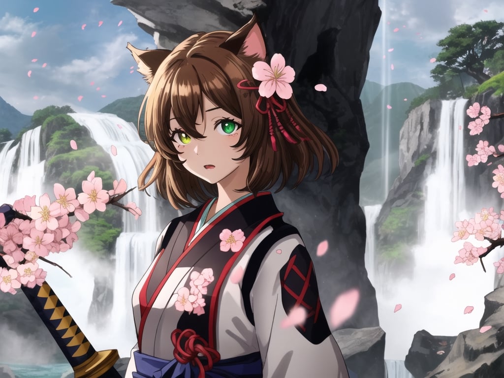 best quality, masterpiece,cat girl, white samurai suit, katana in left side,cat lingerie,brown hair,left eye's color is yellow, right eye's color is green,left pupil's color is yellow, right pupil's color is green,miya,beautiful detailed eyes,mountians and waterfall,8k,atmospheric,cinematic,cherry blossom trees in the background with floating cherry blossom petals,landscape,depth of field,blurry background,bokeh:1.2,by Studio Ghibli , brown cat ears, whisker markings,Hair sideburns covering ear,Hair completely covering ear,Oichi,headband is red,headband fabric and gorgeous,headband extremely delicate and beautiful,headband is Japanese style pattern,There is a rainbow in the sky,miqo'teManityro