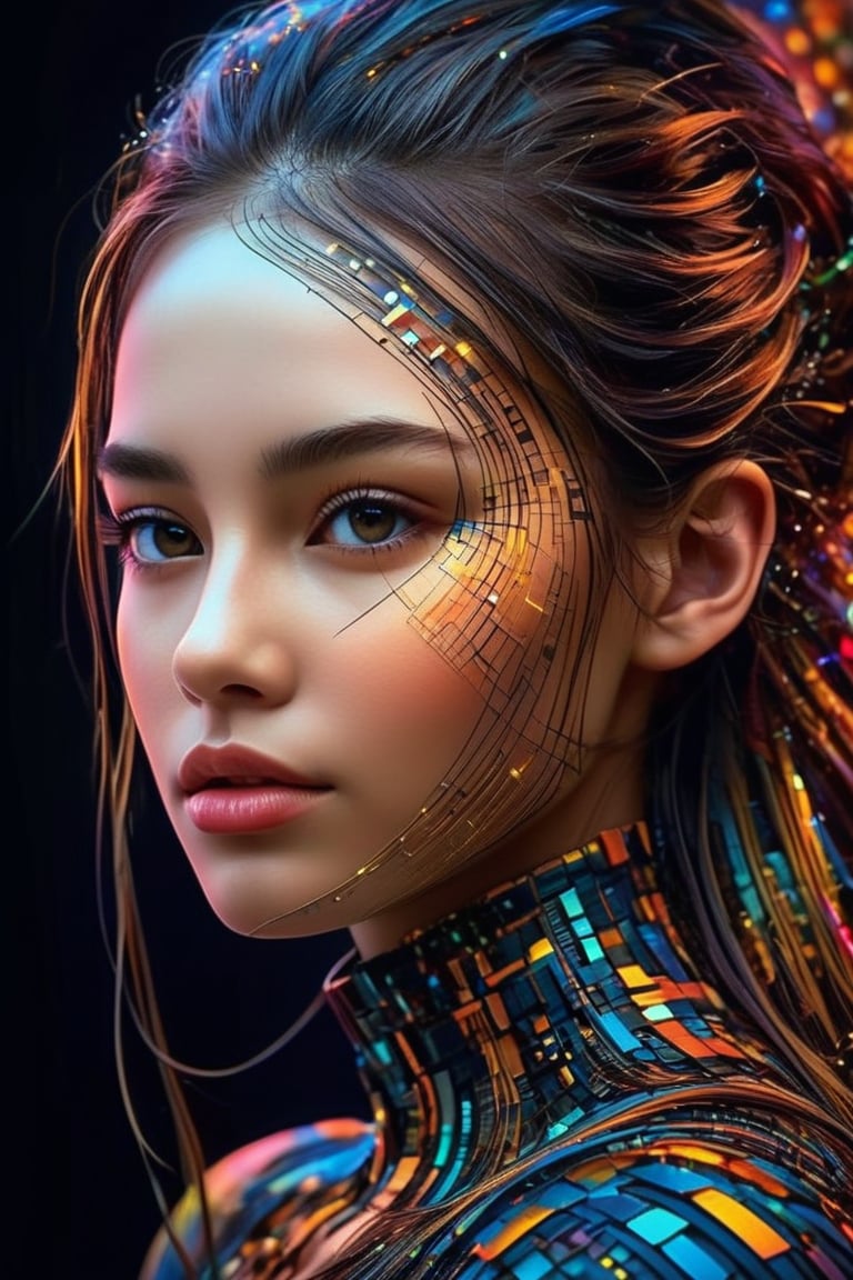 masterpiece digital artwork, (beautiful and aesthetic:1.4), fantasy illustration, surrealism, highly detailed, colorful binary code effect forming a silhouette of a girl, portrait, weave together to create a harmonious fusion of technology and art, (epic composition, epic proportion), FHD
