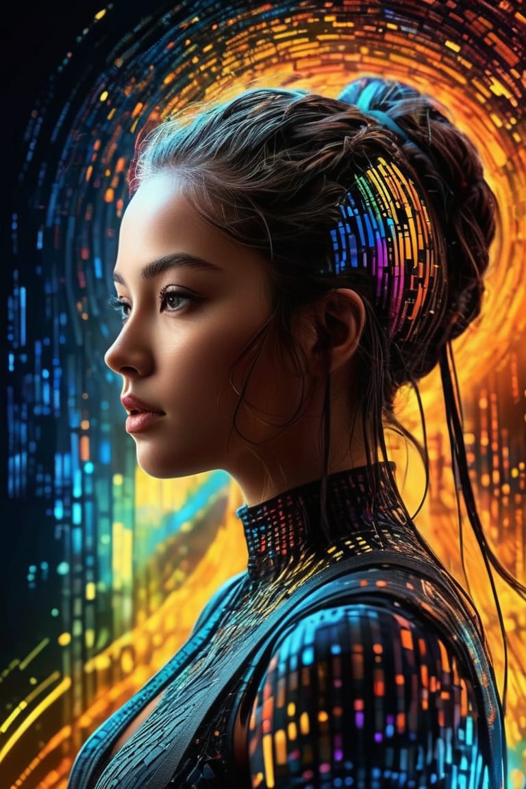 masterpiece digital artwork, (beautiful and aesthetic:1.4), fantasy illustration, surrealism, highly detailed, colorful binary code effect forming a silhouette of a girl, portrait, weave together to create a harmonious fusion of technology and art, (epic composition, epic proportion), FHD
