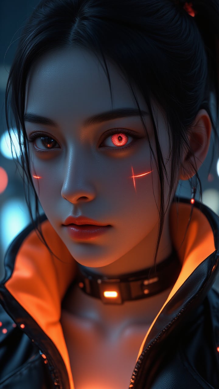 Pretty model with neon-colored eye, focusing on intense black eyeshadow, glowing orange collar of a high-tech jacket visible, cyberpunk-inspired hairstyle with subtle colored highlights, background showing blurred city lights at night, piercing gaze directly at the camera, small red digital elements floating near the face, photorealistic, 4K, rich detailing. Perfect face, simetrical face, simetrical eyes, ultra detailed, sharp focus, 8k, high definition, insanely detailed, 