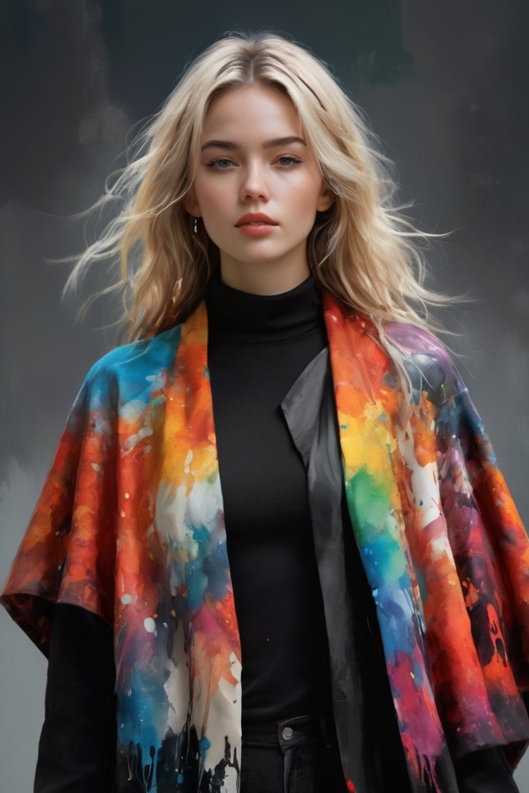 (Masterpiece, Top Quality, Best Quality, Official Art, Beauty & Aesthetics: 1.2), hdr, high contrast, (Masterpiece, Top Quality, Best Quality, Official Art, Beauty & Aesthetics: 1.2), hdr, high contrast, A stunning minimalist watercolor portrait of a woman with blonde hair, sporting a neutral expression. She is adorned with a vibrant, multicolored ink explosion cloak that cascades into an ink painting around her. The cloak, a blend of ink explosion and multi-colored elements, adds a dynamic and textured appearance. The woman wears a simple beige turtleneck sweater and black shorts beneath the cloak. The background is a plain white canvas, allowing the viewer to fully appreciate the intricate details and rich colors of the subject and her garments.,epicDiP,dripping paint