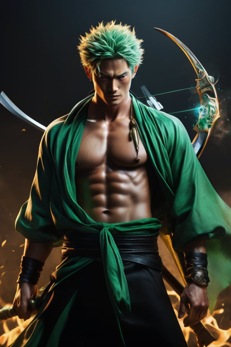 hyperrealistic, a masterpiece live-action movie poster. A breathtakingly realistic image of zoro from One Piece in his God Nika form, radiating an otherworldly aura. Showcase his chiseled physique, wild hair, and beaming smile. Utilize advanced techniques to capture subtle lighting, texture, and divine attire details. Exude an atmosphere of awe-inspiring wonder, as if he is about to unleash powerful divine energy. Bring this extraordinary visual to life with 3D rendering and meticulous attention to detail.