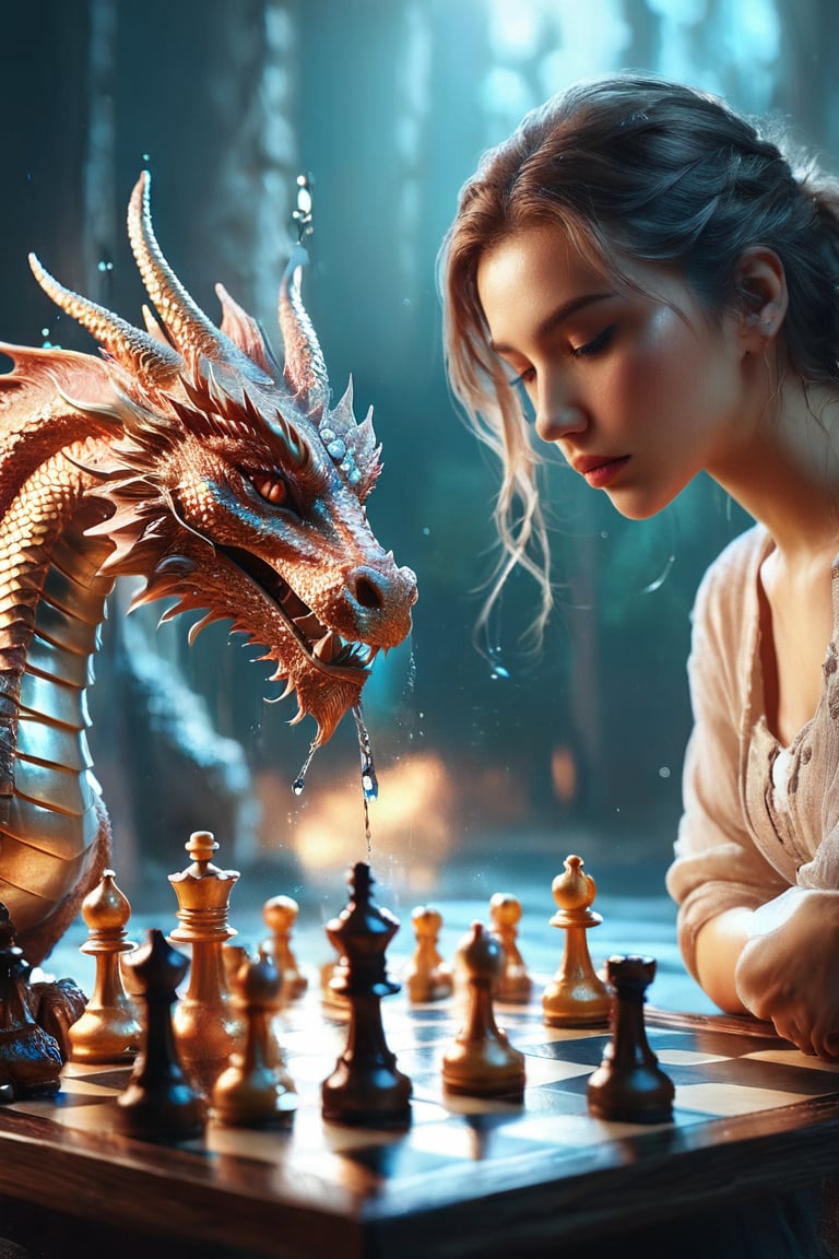 ((masterpiece)), ((best quality)), (((photo Realistic))), expressionism, realism with overdrive, a pretty girl playing chess with the magical dragon, artistic water drops, dynamic pose, tenderness, full-color palette, octane rendering, soft natural volumetric light, bioluminescence atmospheric, sharp focus, centered composition, professional photography, complex background, soft haze, masterpiece. animalistic, beautiful, fine details, 16k,concept art