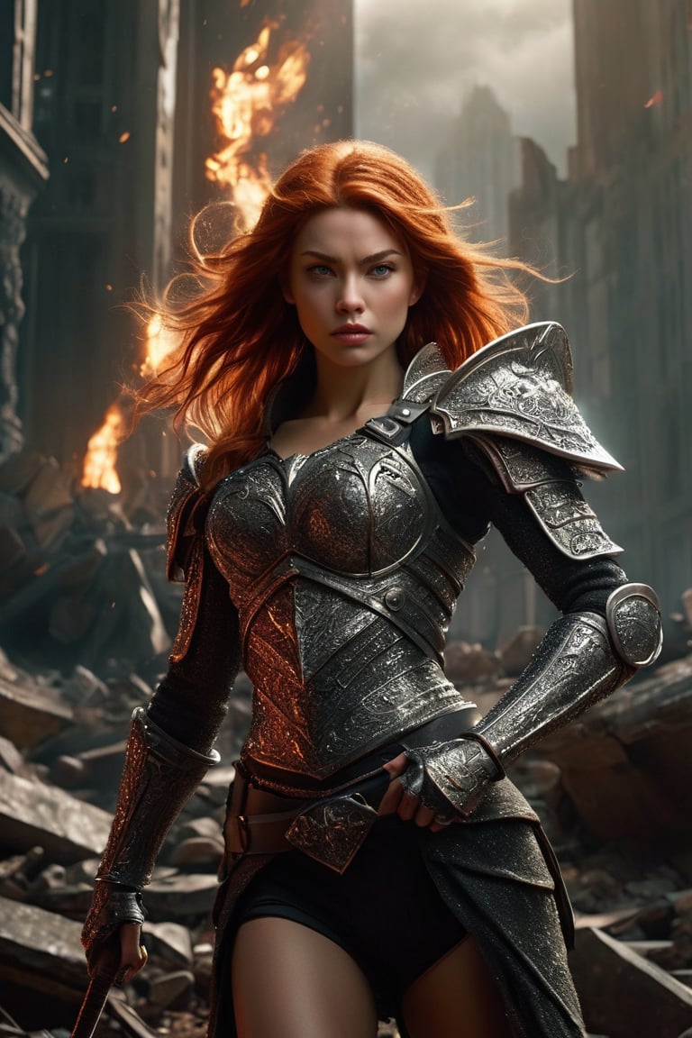 ((masterpiece)), ((best quality)), (((photo Realistic))), (seductive:1.3), Epic live-action movie still. A breathtaking high-resolution full body portrait of a powerful female fighter, chopping a titan amidst the ruins of a fallen city. The dynamic low-angle view focuses on the glowing colossal battle-axe breaking the screen of the viewer. The remnants of skyscrapers surround her, a somber reminder of the battles she has fought and won. Her armor, a stunning combination of blackened steel and scarlet accents, clings to her muscular form like a second skin, each plate a symbol of her unyielding strength. Her gauntlets, adorned with razor-sharp claws, bear the stains of past victories. Her fiery red hair dances wildly in the relentless wind, framing her weathered and determined face, where her blazing green eyes burn with an unquenchable fire. In her grasp, she holds a colossal battle-axe, its gleaming blade radiating a deadly light. ,glitter,xxmix_girl