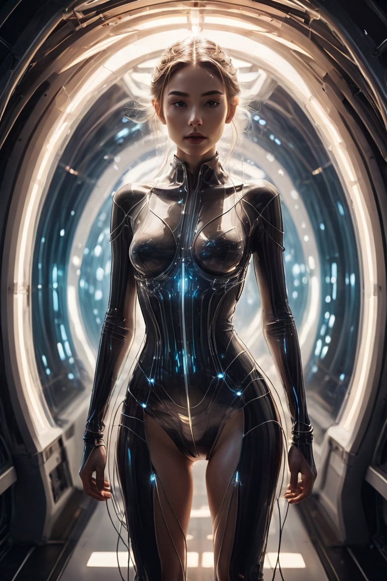 A surreal and dreamlike photograph of a slender young woman standing in a futuristic space cabin The sexy woman is clothed in thousands of luminescent strings that wind tightly around her, beginning at her shoulders and extending down to her upper legs. This ethereal binding seems to both conceal and accentuate, leaving her to the viewer's imagination. The glowing string emits a bright light, casting a glow and drawing the eye to the subject. The image is slightly blurry, adding to the surreal and dreamlike quality of the image and further immersing the viewer in the scene.