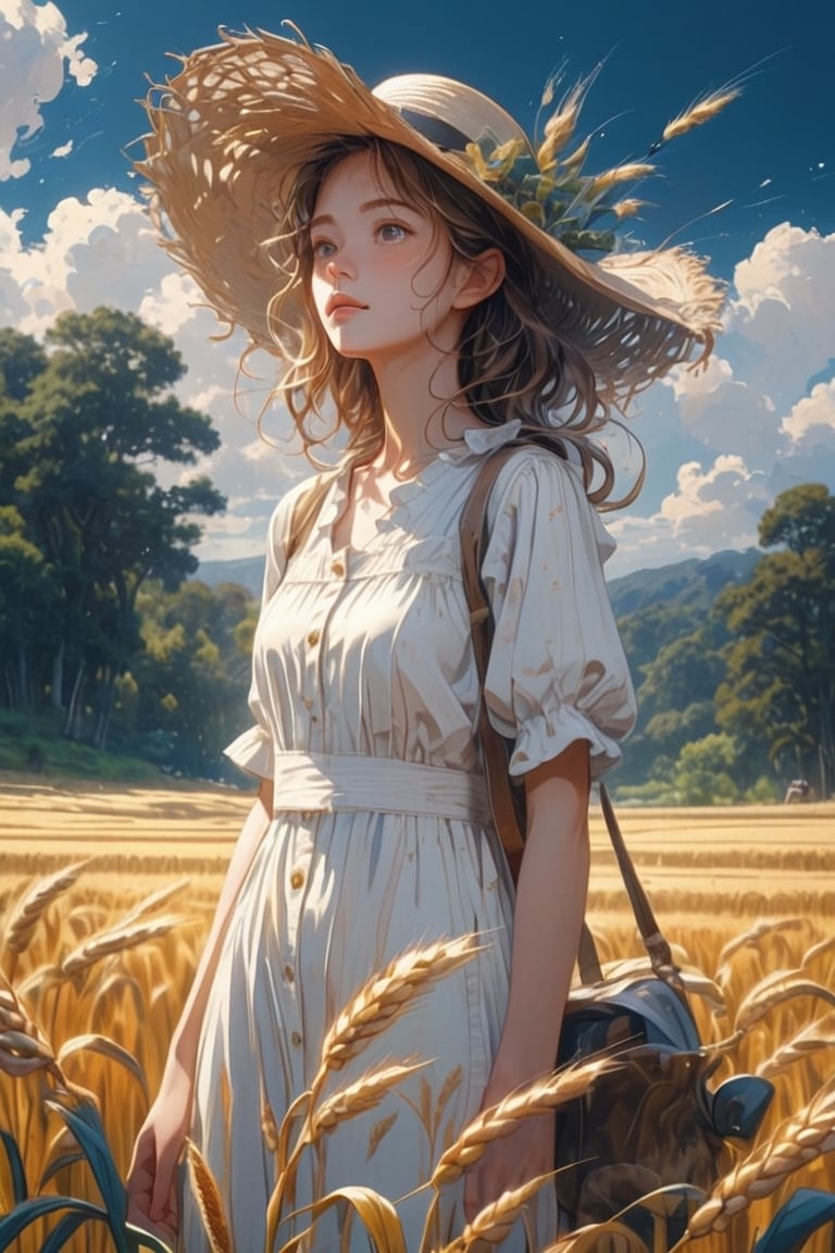 Wheat field, a farmer girl with a straw hat standing in a wheat field. She is a young cute young woman with beautiful eyes, sweaty, clouds, blue sky, rice field, neat rice seedlings in the field, forest, hillside, secluded, rural, HD detail, hyper-detail, cinematic, surrealism, soft light, deep field focus bokeh, ray tracing and surrealism. 