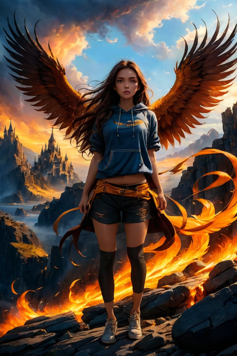 (8k, RAW photo, best quality, masterpiece:1.2), (realistic, photo-realistic:1.3). A captivating and intense scene portraying a strong-willed woman standing on a rocky outcrop, with her arms outstretched in triumph and empowerment. The young woman, with her long hair flowing in the wind, is dressed in a cropped hoodie and shorts, further accentuating her dynamic energy. The focal point of the image is a towering, mythical Phoenix dragon, with its wings ablaze in vibrant orange and yellow flames, rising majestically behind her. Its fierce expression and spread wings create an aura of intense heat and light that illuminates the scene. The ominous, dark landscape in the background, with shadowy castle-like structures, adds a sense of foreboding and contrast, enhancing the overall cinematic impact of this powerful image.