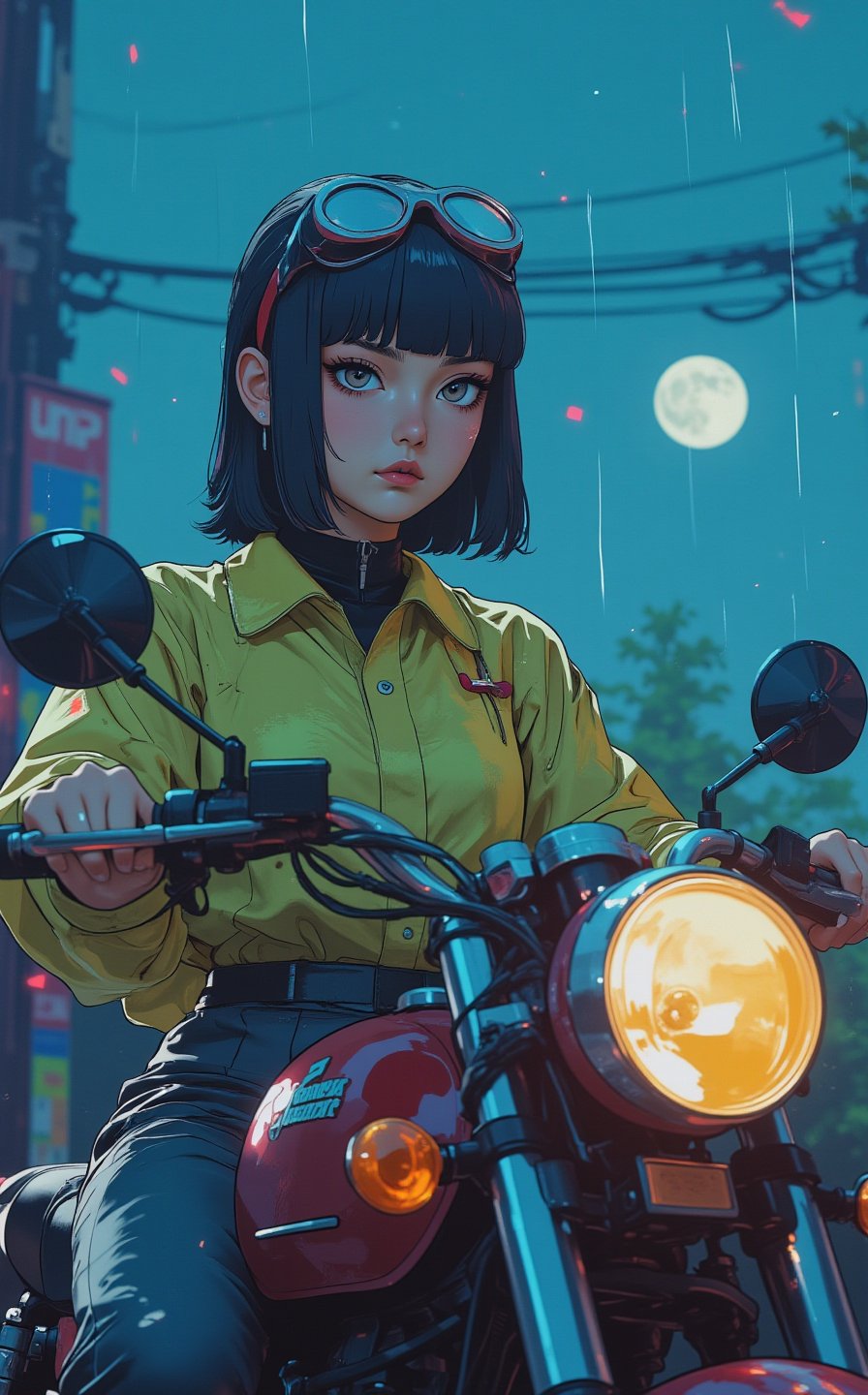 Ghibli studio anime style, Japanese anime style illustration, steampunk style, heavy raining, the endless desolate dry land is foggy, a cyan moon in the distance, a young girl riding a Honda CB125 from the 1970s, she is looking for something, details face, goggles, wet transparent low cut raincoat, low angle view shot, sunny rain lighting, perfect face, lightly sparkles smoke background, volumetric fog, Hyperrealism, cinematic lighting, highly detailed, breathtaking, 8k uhd