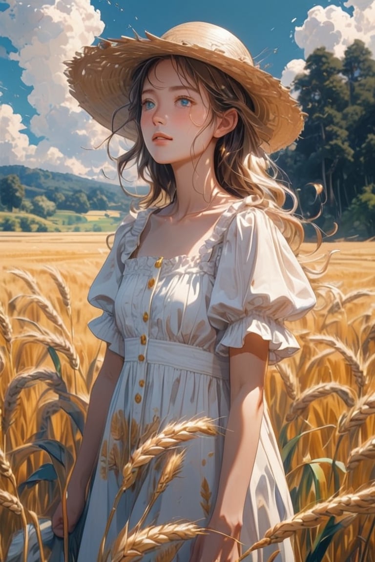 Wheat field, a farmer girl with a straw hat standing in a wheat field. She is a young cute young woman with beautiful eyes, sweaty, clouds, blue sky, rice field, neat rice seedlings in the field, forest, hillside, secluded, rural, HD detail, hyper-detail, cinematic, surrealism, soft light, deep field focus bokeh, ray tracing and surrealism. 