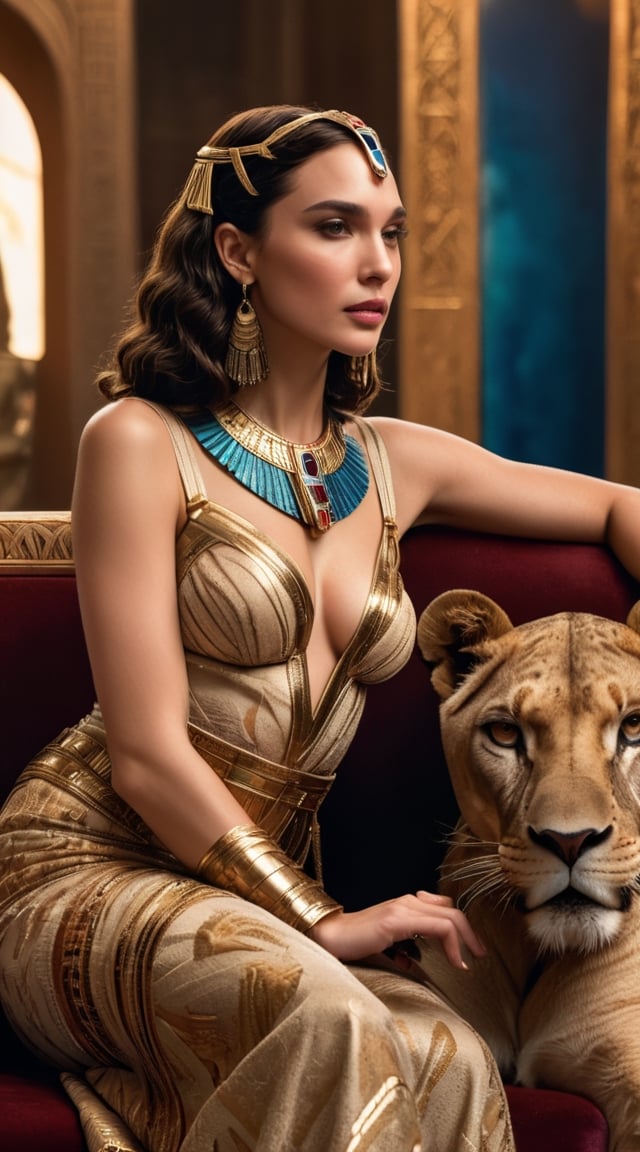 A captivating movie scene of the enigmatic Egyptian princess Cleopatra acted by gal gadot, elegantly seated on an ornate royal sofa adorned with intricate patterns. She wears revealing clothing embellished with gold and jewels, exuding an air of sophistication and power. Cleopatra is positioned between a majestic lion and a lioness, her arms gently wrapped around the beasts, displaying her command over the fierce creatures. The background is a lavish Egyptian throne room, filled with rich tapestries and exquisite architecture, casting a golden hue over the scene. The detailed, realistic portrayal of the characters and setting makes this an exquisite masterpiece.,cinematic style,xxmix_girl,photo r3al