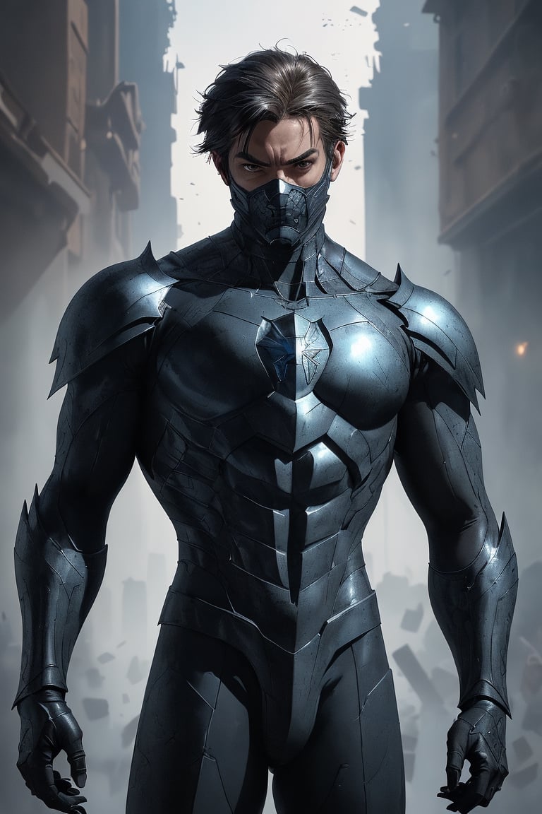 innovation, future, rusty armor, realism, an anti-hero in beautiful Alex Ross's hyper-realistic style. A young boy version. Every muscle fiber, piece of blue, silver and dark metalic black gleaming armor, and surrounding environmental element is meticulously rendered. Despite the chaos, the anti-hero exudes a calm and focused demeanor, ready to further disrupt order. The precise artwork and overwhelming attention to detail create a visually stunning, immersive scene that invites viewers to explore every inch of the image. Super clean style.

