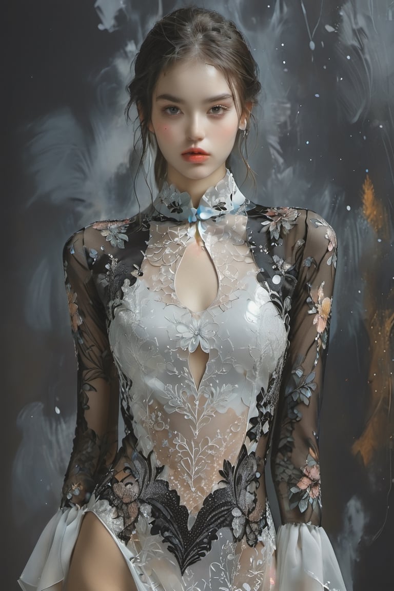 Elegant young beauty top model in designer dress
Digital painting, Contemporary, Intricate composition, advant-grade, bold designed, hole suit, white transparent dress with intricate details, dark background, modern digital art, professional quality, photo, fashion