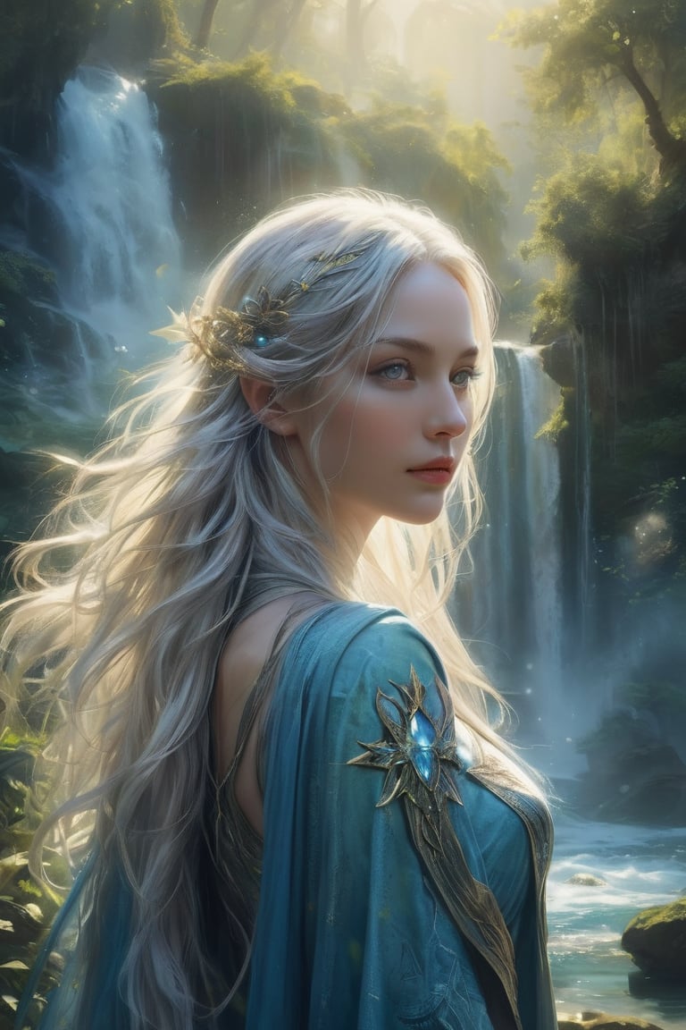 A captivating wide-shot fantasy art piece featuring a stunningly detailed and photorealistic nude Vedalken female cleric. Her striking blue skin is illuminated by glowing particles, adding a mystical aura to the composition. Her long, white hair flows gracefully, contrasting with her vibrant skin tone. Her intense green eyes convey profound depth and wisdom.
Armed with a glowing yellow mace adorned with magical symbols, the cleric stands at the base of a breathtaking waterfall, which adds a natural and dynamic element to the scene. The lush fantasy landscape in the background enhances the overall mood with its vibrant, magical atmosphere. The artwork is presented in ultra-high resolution (16k), focusing on photorealistic quality to capture every detail, from the wet textures of her skin to the shimmering reflections of the water.