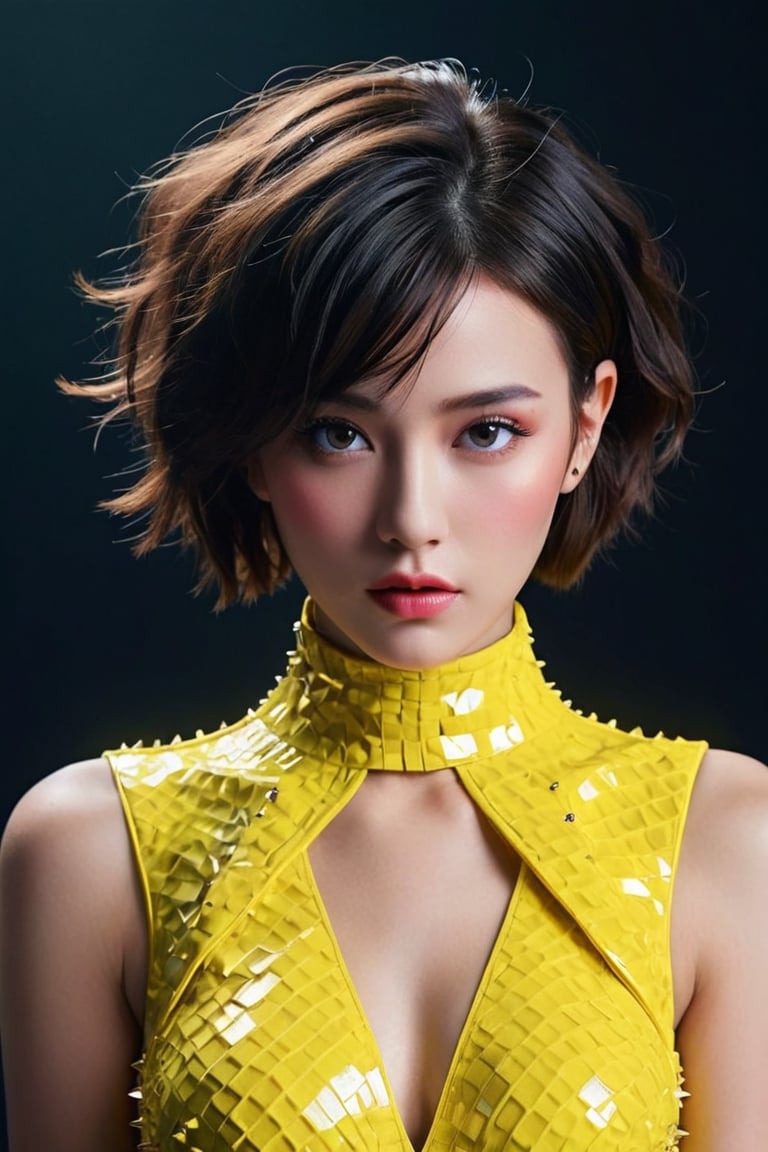 A striking photo of an alluring pretty woman. A striking portrait of a modern and fantasy-inspired fashionista, featuring a beautiful young woman with a trendy, super short, and wavy hairstyle. Her fierce look is enhanced by a few unruly spiky strands, and she wears a bright yellow outfit adorned with shimmering diamond-like accents. The glitch-like style and vibrant colors evoke a Matrix-inspired vibe, with the striking impasto technique adding depth and texture to the image. The 3D render presentation adds to the conceptual and futuristic feel of the artwork., photo, conceptual art, dark fantasy, fashion, painting, vibrant, 3d render