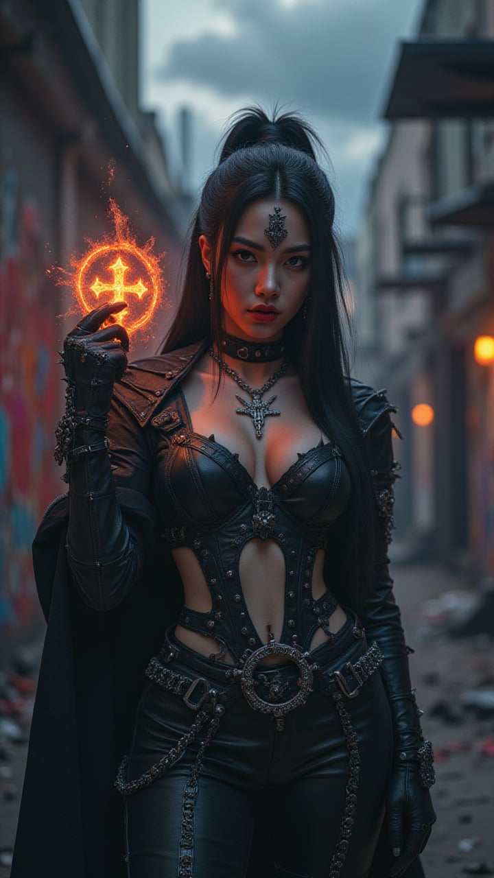 A female stoic Goth Soldier, standing amidst the urban decay of graffiti-laden walls and eerie neon lights. intricate markings lace across her forehead, adding a touch of dark fantasy mysticism to his imposing figure. Her sexy armor, with spikes and chains, shimmers under the neon glow. In her hand, she clutches a glowing gothic cross symbol, surrounded by swirling arcane runes, exuding an aura of mystical power. Dark clouds roil above, with orange fire cutting through the sky, enhancing the brooding atmosphere. The Goth Soldier's presence embodies the dark fusion of ancient magic with urban rebellion, a symbol of strength in a decaying world.