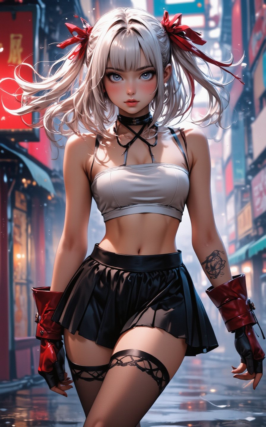 ghibli studio anime style poster, a beautiful young asian girl as a brand new street fighter, dynamic kicking high fighting pose, beautiful eyes, olive skin, medium length white hair, petite body, sexy toned fit body, wearing tight school girl uniform, showing midriff, perfect face, lightly sparkles smoke background, volumetric fog, Hyperrealism, cinematic lighting, highly detailed, breathtaking, 8k uhd