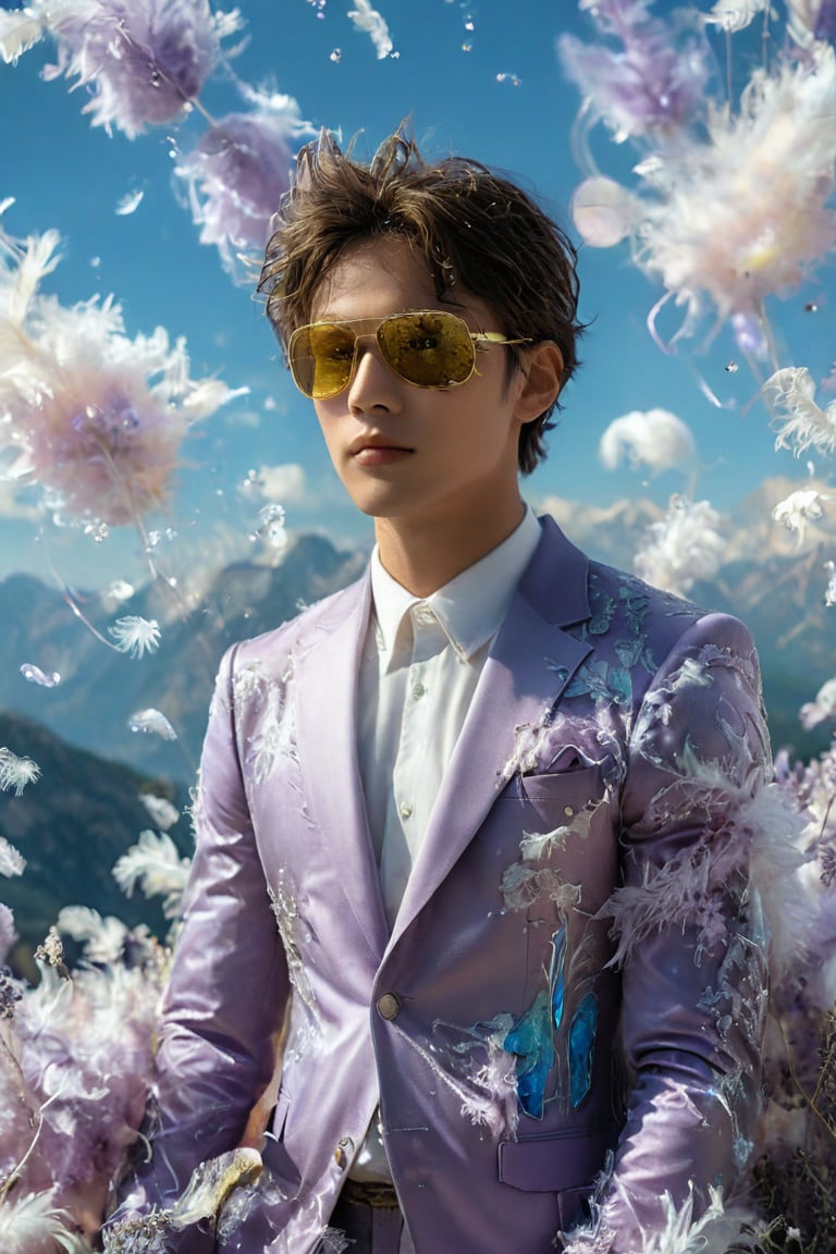 A handsome fit young man in a unique suit, made of fluff feathers, floats in a sky filled with lavender hues. He wears a golden mask that shines with sweet and soft light, reflecting the beauty of the sky. Giant bubbles, filled with dreams and magical landscapes, float around, showing images of crystal trees and mountains made of cotton candy. The atmosphere is ethereal and magical, full of awe and wonder, giving the feeling of being in a place outside of time and space.,Handsome boy,Muscle,powerdef