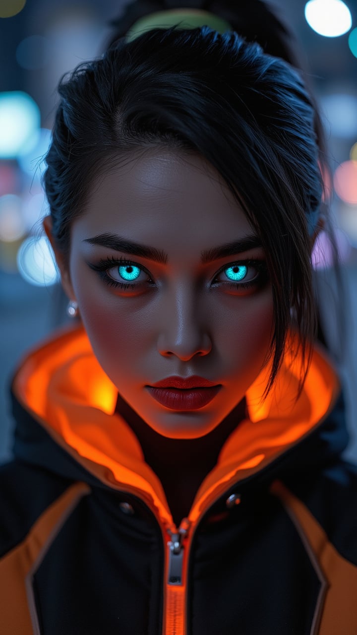 Pretty model with vibrant neon-colored eye, focusing on intense black eyeshadow, glowing orange collar of a high-tech jacket visible, cyberpunk-inspired hairstyle with subtle colored highlights, background showing blurred city lights at night, piercing gaze directly at the camera, photorealistic, 4K, rich detailing. Perfect face, simetrical face, simetrical eyes, ultra detailed, sharp focus, 8k, high definition, insanely detailed, 