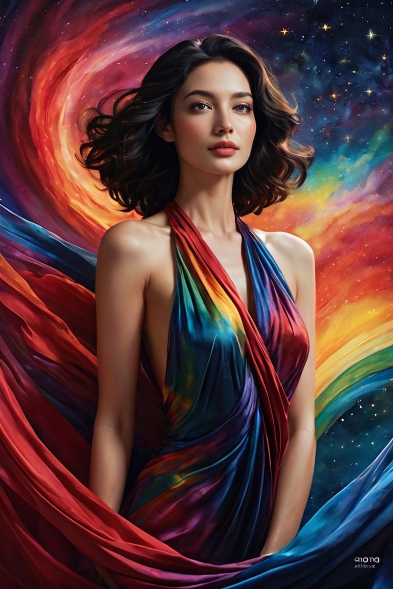 A striking portrayal of a pretty alluring smiling woman with sleek, shoulder-length black hair, her lips painted a bold shade of crimson. She is draped in a gown that shimmers with the luminous hues of a rainbow, each color blending seamlessly into the next like strokes of an artist's brush. The fabric flows around her in elegant waves, creating a sense of movement and fluidity. Against a backdrop of swirling cosmic clouds and twinkling stars, she stands with poise, her gaze fixed on some distant horizon. This captivating artwork, brought to life by the talented artist Aurora, captures the beauty and mystery of the cosmos in a single breathtaking moment, illustration, fashion, cinematic, poster, fantasy, vibrant, photo