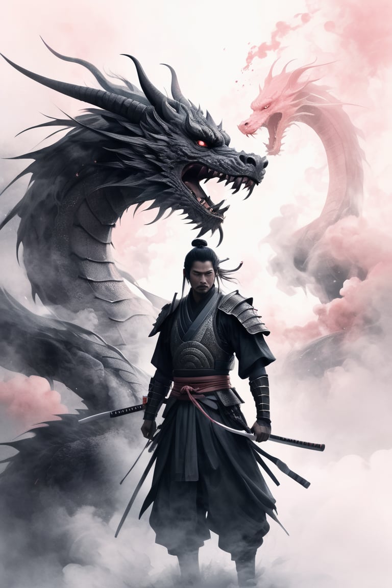 masterpiece drawing in a soft pink hue. A stunning and minimalist ink wash illustration of a samurai standing defiantly in front of a magnificent dragon. The samurai wears traditional armor, and his face is hidden behind a ritualistic mask. The dragon, with a fierce gaze, is portrayed with elegant strokes, using light white and dark gray tones. The background is simple and evokes a feeling of tranquility. The artwork is reminiscent of gongbi painting techniques, combining elements of witchcore and conceptual art, resulting in a breathtaking masterpiece.