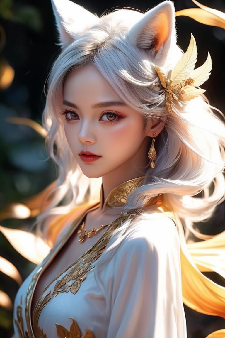 ((masterpiece)), ((best quality)), (((photo Realistic))), (portrait photo), (8k, RAW photo, best quality, masterpiece:1.2), (realistic, photo-realistic:1.3). Live-action movie. (full body:1.3) .Of all the creatures in Eastern mythology, one of the most outstanding is the gumiho (nine-tailed fox). A gumiho is not always a fox with nine tails; it may take on another form, often that of a beautiful woman to seduce men – and lure them to their death, kitsune, ((masterpiece)), ((best quality)), (((photo Realistic))), extremely detailed cg 8k wallpaper, bright colors, Dramatic light, dynamic angle, Beautiful, stunning, windy, high detail hair,(highly detailed eyes), (highly detailed facial features), lifelike texture, slender body, toned body, perfect face, slim athletic body, (cold attitude, eyeshadow, eyeliner:1.2), retro fantasy, hyper-realistic, amazing fine detail, rich colors, realistic texture, gorgeous, film grain, grainy, beautiful lighting, magical effect, shallow depth of field, photography, neo-noir, volumetric lighting, Ultra HD, raytracing, studio quality