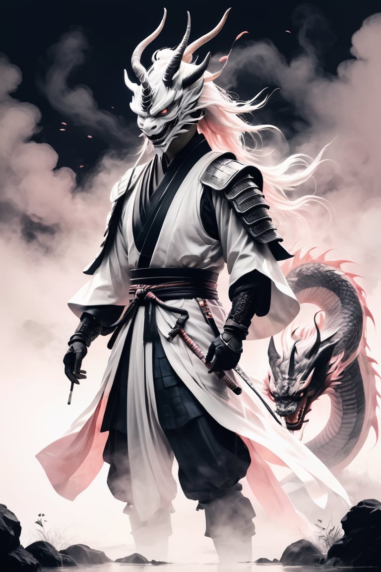 masterpiece drawing in a soft pink hue. A stunning and minimalist ink wash illustration of a samurai standing defiantly in front of a magnificent dragon. The samurai wears traditional armor, and his face is hidden behind a ritualistic mask. The dragon, with a fierce gaze, is portrayed with elegant strokes, using light white and dark gray tones. The background is simple and evokes a feeling of tranquility. The artwork is reminiscent of gongbi painting techniques, combining elements of witchcore and conceptual art, resulting in a breathtaking masterpiece.