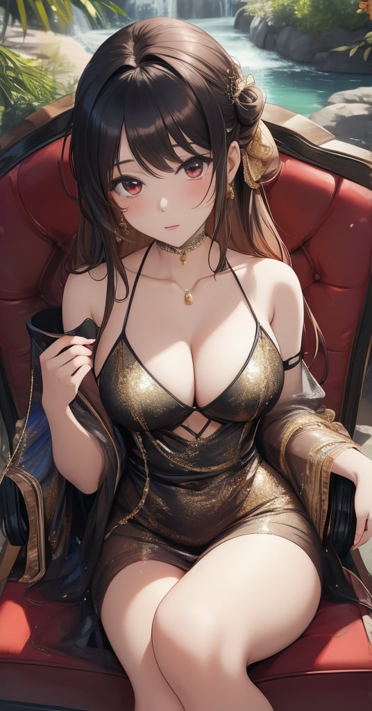 A captivating and sultry image of a streamer girl in the Etobogema region, dressed in a revealing and stylish outfit. She is seated on a modern chaise lounge next to a serene stream, with the beautiful Etobogema landscape in the background. The streamer has a confident and alluring expression, wearing a silky red dress that accentuates her curves. She is holding a glass of bubbling champagne in one hand, and a smartphone in the other, ready to engage with her fans. The overall ambiance of the image is sensual and glamorous, with a touch of sophistication and modernity.,masterpiece,Anime
