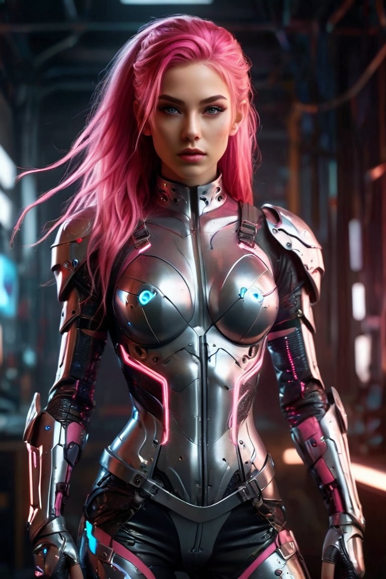 A gorgeous cyborg girl in pink platinum combat armor, long pink hair braid, vibrant colors of lightning surround her, full body casting powerful tricky effect, cyberpunk style, sexy lingerie, futuristic scene, high-tech, sci-fi, flirting, kinky, attractive, portrait, looking at viewer, portrait, photography, detailed skin, realistic, photo-realistic, 8k, highly detailed, full length frame, High detail RAW color art, diffused soft lighting, shallow depth of field, sharp focus, hyperrealism, cinematic lighting, 