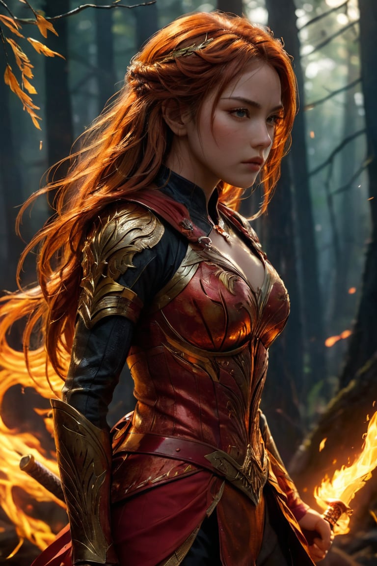 (8k, RAW photo, best quality, masterpiece:1.2), (realistic, photo-realistic:1.3). A captivating and intense scene portraying a fierce female warrior clad in a fiery red outfit, with her hair ablaze in bright orange and yellow flames. She stands confidently, wielding a fiery sword that crackles with energy. The background reveals a dark, mysterious landscape with twisted trees and an ominous sky. The overall atmosphere of the image is intense and dramatic, showcasing the power and determination of the fiery female protagonist.