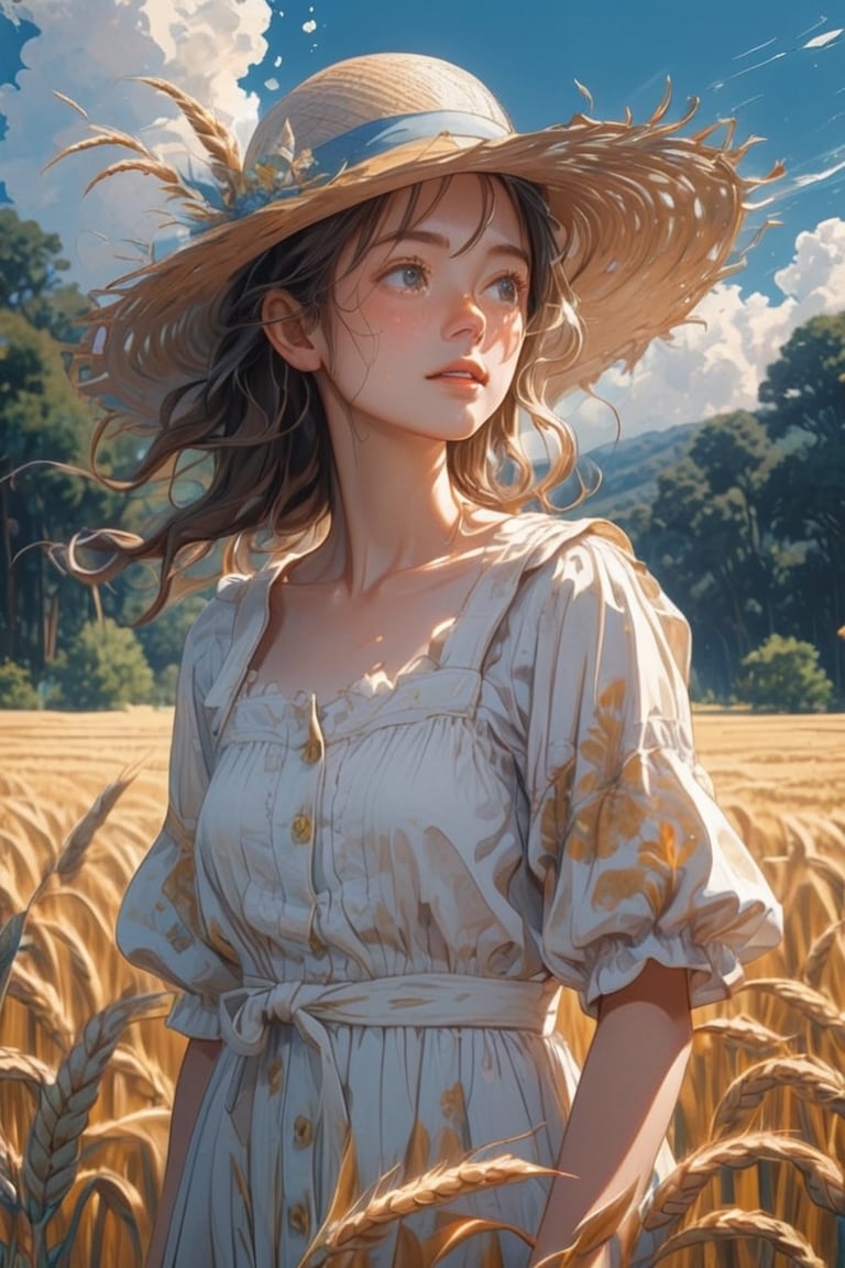 Wheat field, a farmer girl with a straw hat standing in a wheat field. She is a young cute young woman with beautiful eyes, sweaty, clouds, blue sky, rice field, neat rice seedlings in the field, forest, hillside, secluded, rural, HD detail, hyper-detail, cinematic, surrealism, soft light, deep field focus bokeh, ray tracing and surrealism. 