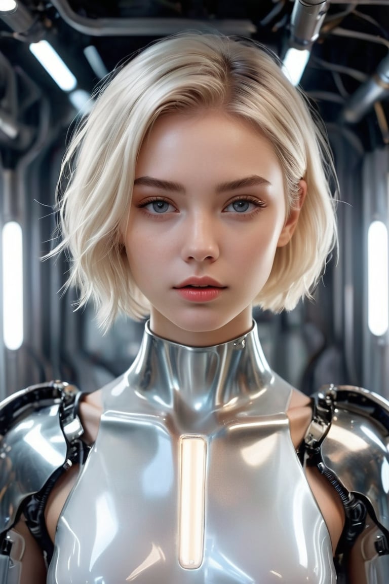 hyperrealistic, a masterpiece, (1girl), (full body), (futuristic sci-fi glassy transparent platinum white bodysuit with hollow crop cut), Beautiful young girl, (Cute Loose Bob hairstyle), symmetrical eyes, realistic, sharp focus, HD, highly detailed, A photo of an attractive blonde woman with visible robotic elements in her face and neck. She has white skin that is glowing slightly. Her eyes is gleaming, which adds depth to them. The background should be pure white, focusing attention only on her and the minimalistic details she's displaying. 