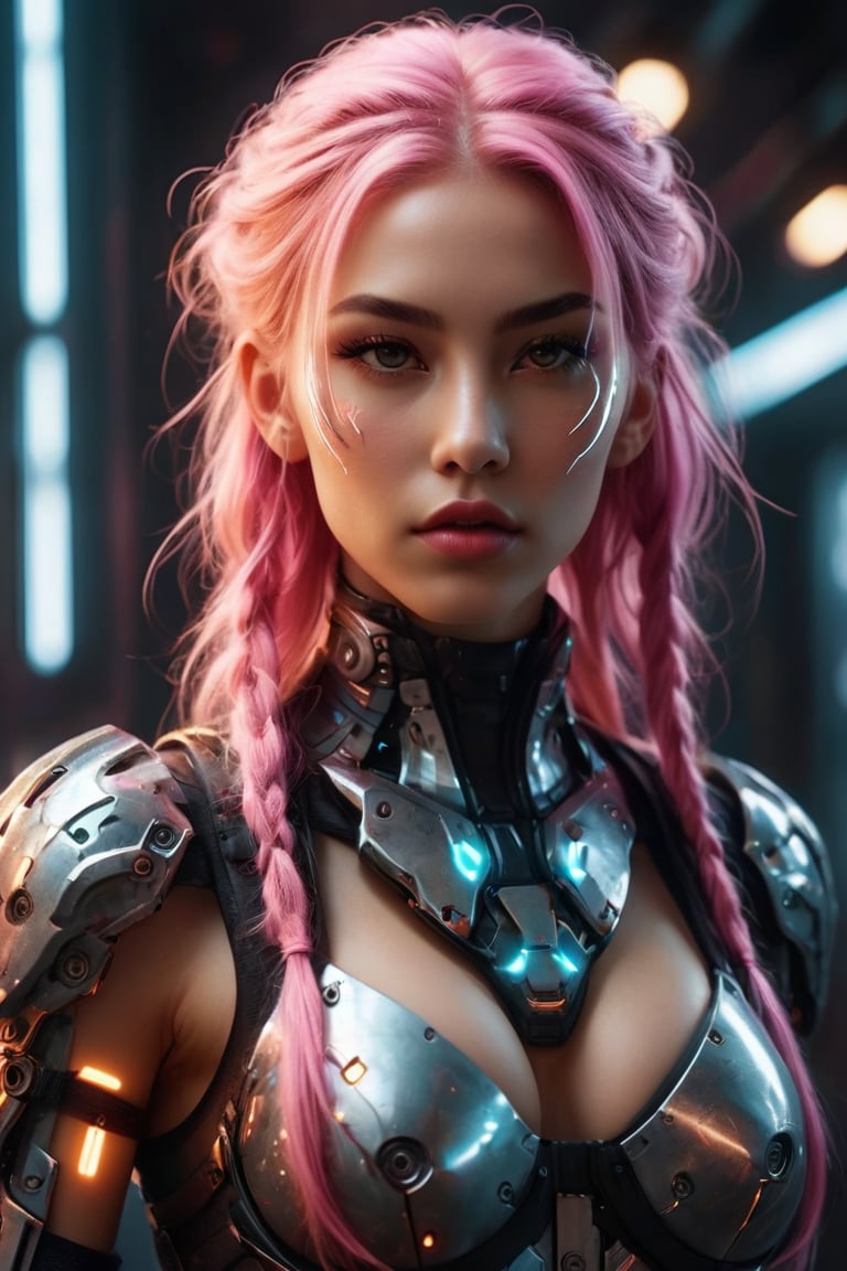 A gorgeous cyborg girl in pink platinum combat armor, long pink hair braid, vibrant colors of lightning surround her, full body casting powerful tricky effect, cyberpunk style, sexy lingerie, futuristic scene, high-tech, sci-fi, flirting, kinky, attractive, portrait, looking at viewer, portrait, photography, detailed skin, realistic, photo-realistic, 8k, highly detailed, full length frame, High detail RAW color art, diffused soft lighting, shallow depth of field, sharp focus, hyperrealism, cinematic lighting, 