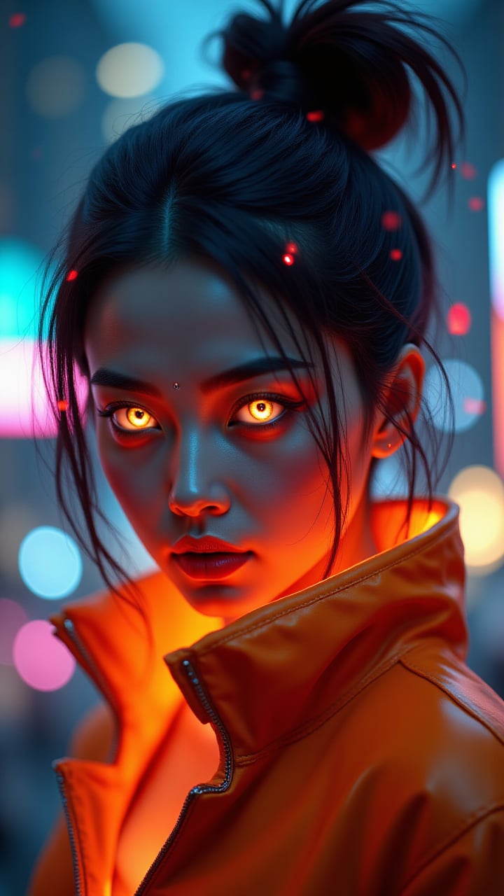 Pretty model with neon-colored eye, focusing on intense black eyeshadow, glowing orange collar of a high-tech jacket visible, cyberpunk-inspired hairstyle with subtle colored highlights, background showing blurred city lights at night, piercing gaze directly at the camera, small red digital elements floating near the face, photorealistic, 4K, rich detailing. Perfect face, simetrical face, simetrical eyes, ultra detailed, sharp focus, 8k, high definition, insanely detailed, 