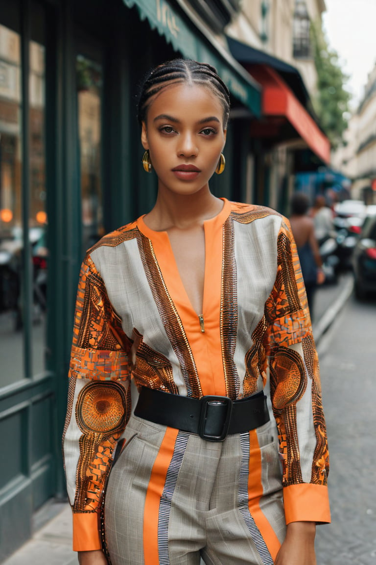 A photo of a young beautiful African American female model with cornrows and brown eyes, reflecting a sophisticated contemporary style. Her outfit fuses traditional Nigerian Ankara and aso-oke textile. The setting includes a street in Paris, enhancing the elegant and dynamic atmosphere. The model poses confidently, captured on film with sharp focus. The shirt and combat trousers feature reflective strips on the shirt, zipper and buckle details, an asymmetrical neckline, and ankara and neon accents.