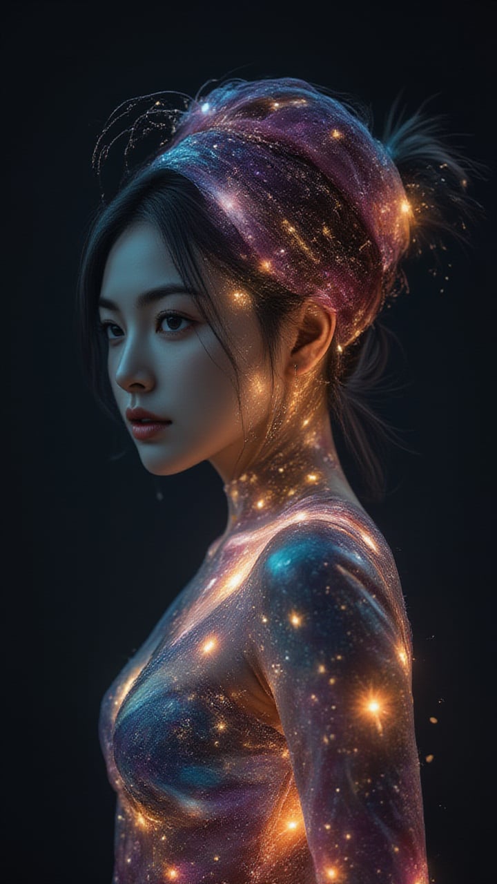 Double exposure effects, a cyborg woman's full-body body made entirely of a brightly colored nebula, with twinkling stars that make her eyes sparkle and dotting her face. The contours of her face and hair are blending into the surrounding space. The body contains bright galaxies and colorful nebulae as if the body contained the entire cosmos. Realistic 3D rendering, against a dark background.