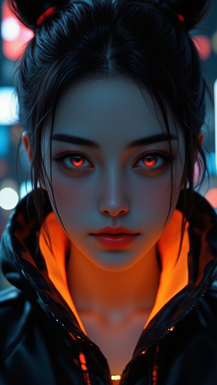 Pretty model with vibrant neon-colored eye, focusing on intense black eyeshadow, glowing orange collar of a high-tech jacket visible, cyberpunk-inspired hairstyle with subtle colored highlights, background showing blurred city lights at night, piercing gaze directly at the camera, photorealistic, 4K, rich detailing. Perfect face, simetrical face, simetrical eyes, ultra detailed, sharp focus, 8k, high definition, insanely detailed, 