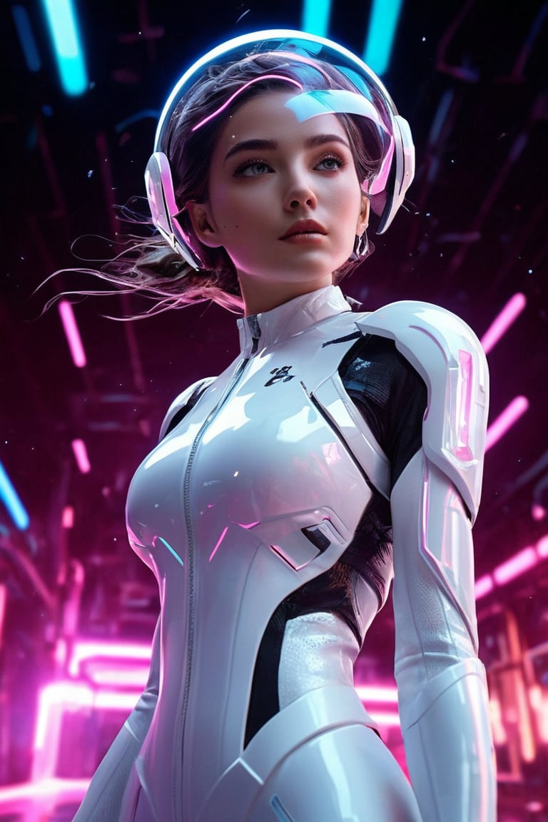 a high-resolution image that captures the essence of a charming character in a futuristic setting. she is wearing white crystal clear white suit and transparent glass helmet. The character is poised energetically, with flowing garments motion. Incorporate a vivid color scheme with pink, and reflective silvers, reminiscent of nightcore aesthetics. Use dramatic backlighting to emulate a neon glow, contrasting with the darker hues of a cosmic backdrop , she is bright , The image should mimic the depth of field and clarity with sharp focus on the character and a blurred background. Add realistic textures to the character's clothing and hair, and include a visible light source in their hands, producing a gleaming, otherworldly effect. Ensure the overall composition resembles a candid snapshot, capturing a spontaneous moment of action in a surreal, sci-fi universe, Her eyes are purple, her entire body, she is making a gesture of reaching out for something above, a leaping pose, she is gazing at something above., GoPro HERO10 Black, Cinestill 800T, cyberpunk, a cinematic scene, 