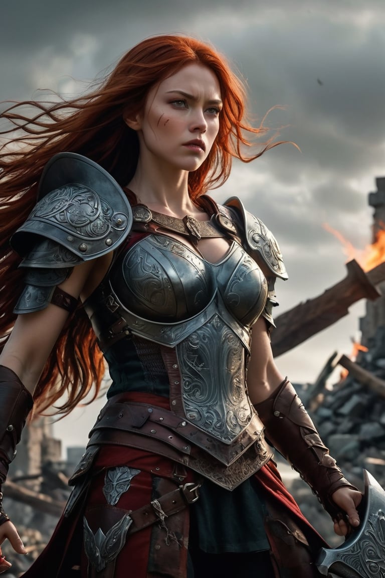 ((masterpiece)), ((best quality)), (((photo Realistic))), (seductive:1.3), Epic live-action movie still. A breathtaking high-resolution full body portrait of a powerful Viking female warrior, a titan amidst the ruins of a fallen city. The dynamic low-angle view focuses the colossal battle-axe. The remnants of skyscrapers surround her, a somber reminder of the battles she has fought and won. Her armor, a stunning combination of blackened steel and scarlet accents, clings to her muscular form like a second skin, each plate a symbol of her unyielding strength. Her gauntlets, adorned with razor-sharp claws, bear the stains of past victories. Her fiery red hair dances wildly in the relentless wind, framing her weathered and determined face, where her blazing green eyes burn with an unquenchable fire. In her grasp, she holds a colossal battle-axe, its gleaming blade radiating a deadly light. 