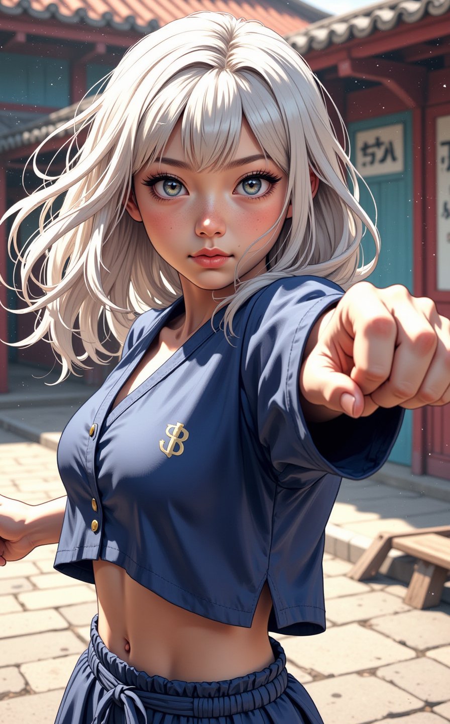 ghibli studio anime style poster, a beautiful young asian girl as a brand new street fighter, dynamic kicking high fighting pose, beautiful eyes, olive skin, medium length white hair, petite body, sexy toned fit body, wearing tight school girl uniform, showing midriff, perfect face, lightly sparkles smoke background, volumetric fog, Hyperrealism, cinematic lighting, highly detailed, breathtaking, 8k uhd