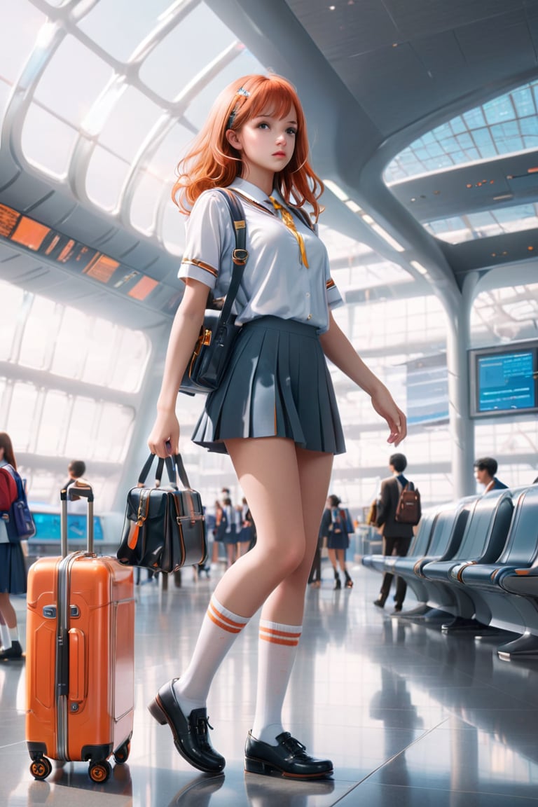 masterpiece photography, mid shot, fashional dressed young woman with orange-coral hair and a suitcase on the sleek ground in a futuristic interior of the high-tech airport, a gorgeous portrait inspired by Harriet Powers, trending on CG society, digital art, a hyperrealistic sexy schoolgirl, hyperrealistic young alluring schoolgirl, dressed as a high school girl, realistic, epic still from a live-action movie, wearing a mini skirt and high socks, promotional still, magical school student uniform, the movie photo still, airport interior background,futurecamisole