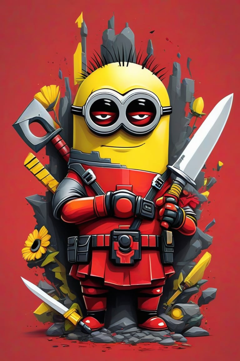 A whimsical artwork. A amesmerizing fusion of Minion and Deadpool, is depicted with an elongated face adorned with bold, geometric shapes and a vibrant color palette of red, yellow, white. Wielding a Big Chief knife with a sinister, reflective blade that reads "DEADTH" the subject exudes danger and unease. 3D comical caricature