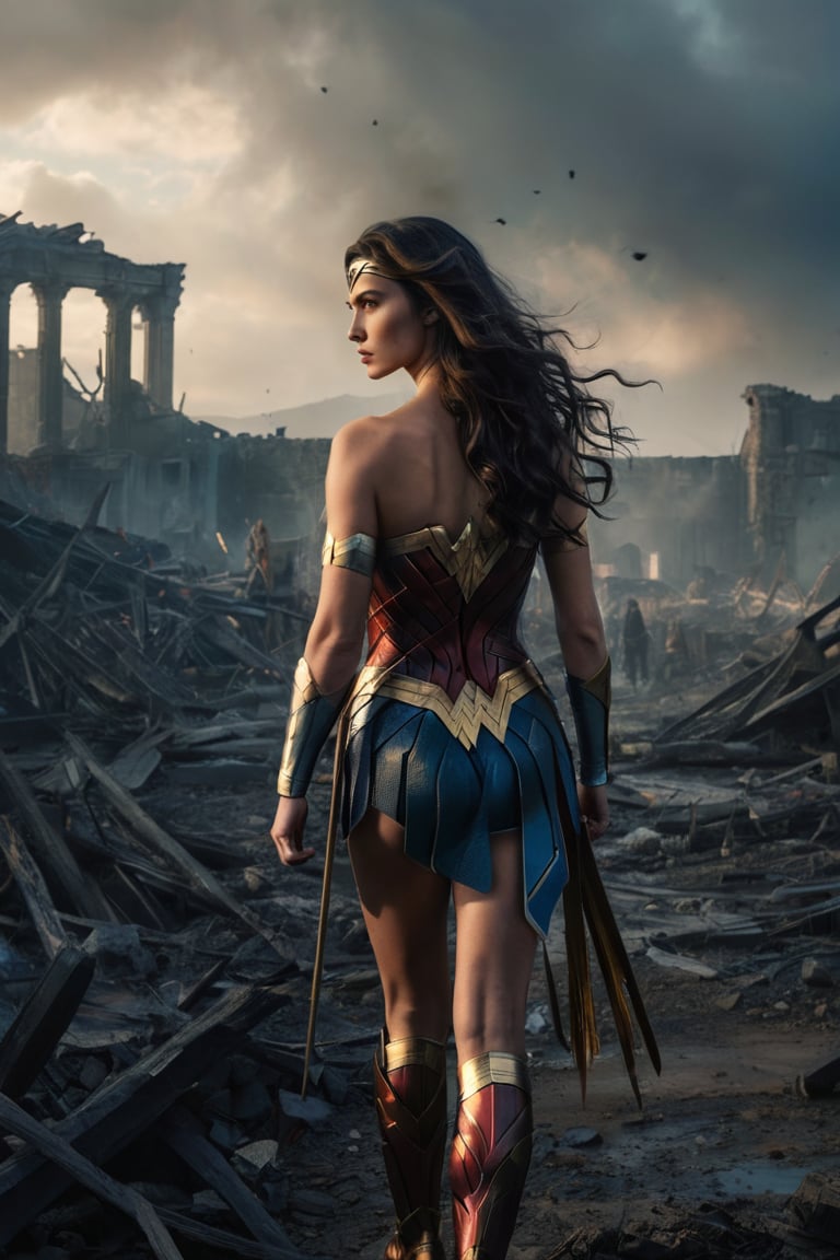 An evocative photo of Wonder Woman from behind, walking into a dimly lit battlefield. Her iconic red, blue, and gold attire is illuminated by a soft front light, contrasting with the dark and ominous environment. A sense of determination and courage fills her posture. In the background, there are remnants of a destroyed landscape, with smoldering ruins and debris. The sky overhead is filled with dark clouds, hinting at an impending storm.