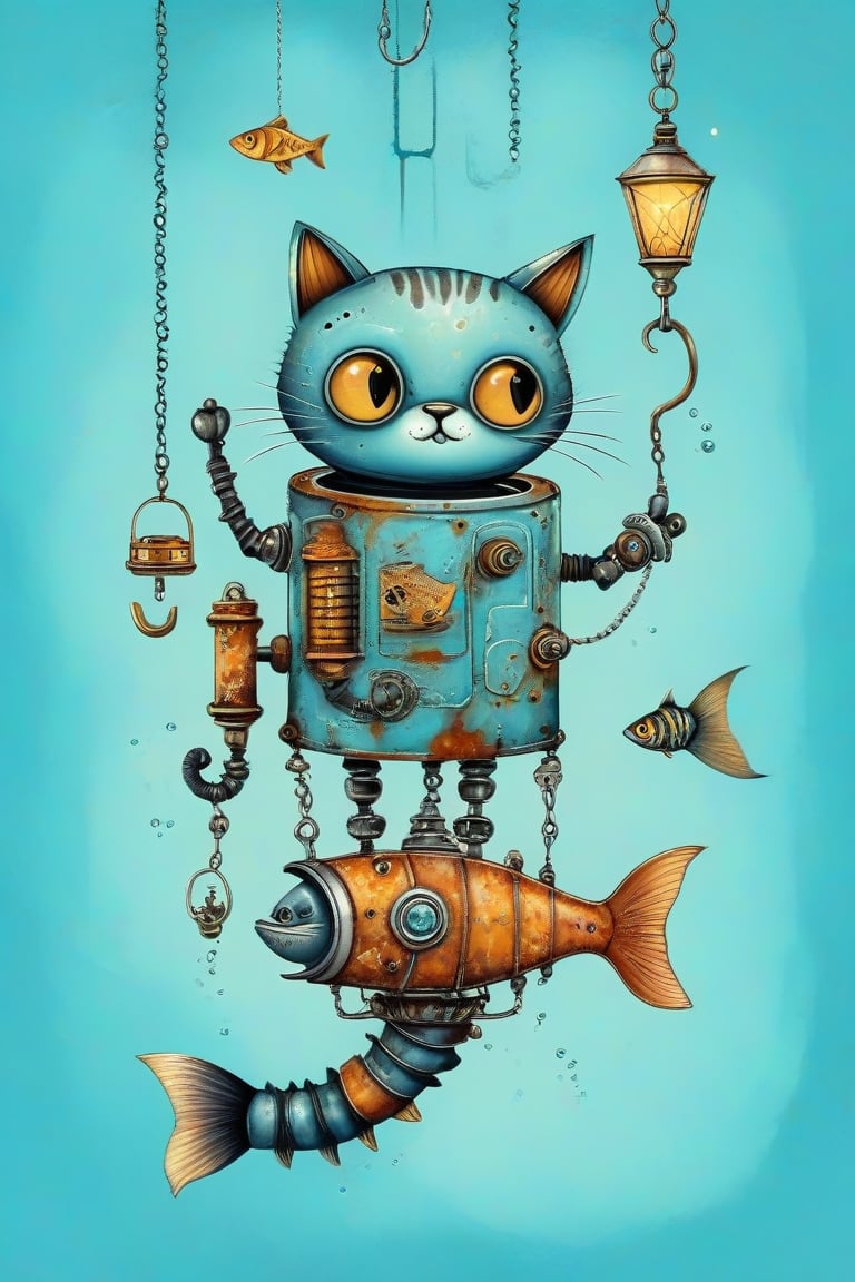 A whimsical art design. A blue, worn, rusted in places robotic mechanical arm, with warning labels warning of danger, holds a silver herring by the tail, hanging vertically upside down. A black fluffy cat looks at the fish with big eyes with pleasure. light azure solid background, creative illustration, conceptual art, 