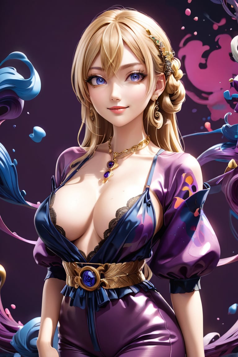 A stunning full body portrait photo of an alluring and charming blonde komoe from Namiuchigiwa no Muromi-san. Her enchanting smile draws the viewer in, while her alluring attire, including a lacy deep neckline top and strings with suspended belt, exudes elegance and sophistication. Gold earrings and a necklace adorn her, adding a touch of refinement.

The background showcases a mesmerizing, abstract swirl of deep blues and purples, creating a dynamic and energetic atmosphere that contrasts with the subject's poised demeanor. This exquisite blend of painting-like qualities, fashion, conceptual art, and photography exemplifies the artistry and innovation within this striking image. A masterpiece of conceptual art, cinematic portraiture, and photography, this 3D render stands as a testament to the creative prowess of, anime, vibrant, painting, fashion, photo, 3d render, graffiti, cinematic, conceptual art, portrait photography, illustration,better photography,PIXAR