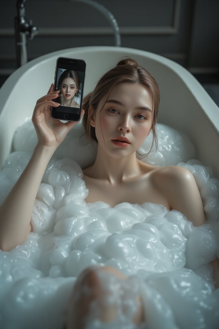 cinematic comercial shot, advertising award-winning fashion photography, medium close-up shot. A dramatic and high-fashion composition, a fit sexy fashional girl lounging in a luxurious, sunken bathtub filled with many transparent white foam and water bubbles that nearly covers the water. She is reclining comfortably, with her back against the edge of the tub, exuding confidence and relaxation. In her right hand, she holds a iphone, resting it casually on the rim, eye-catching, highly detailed.