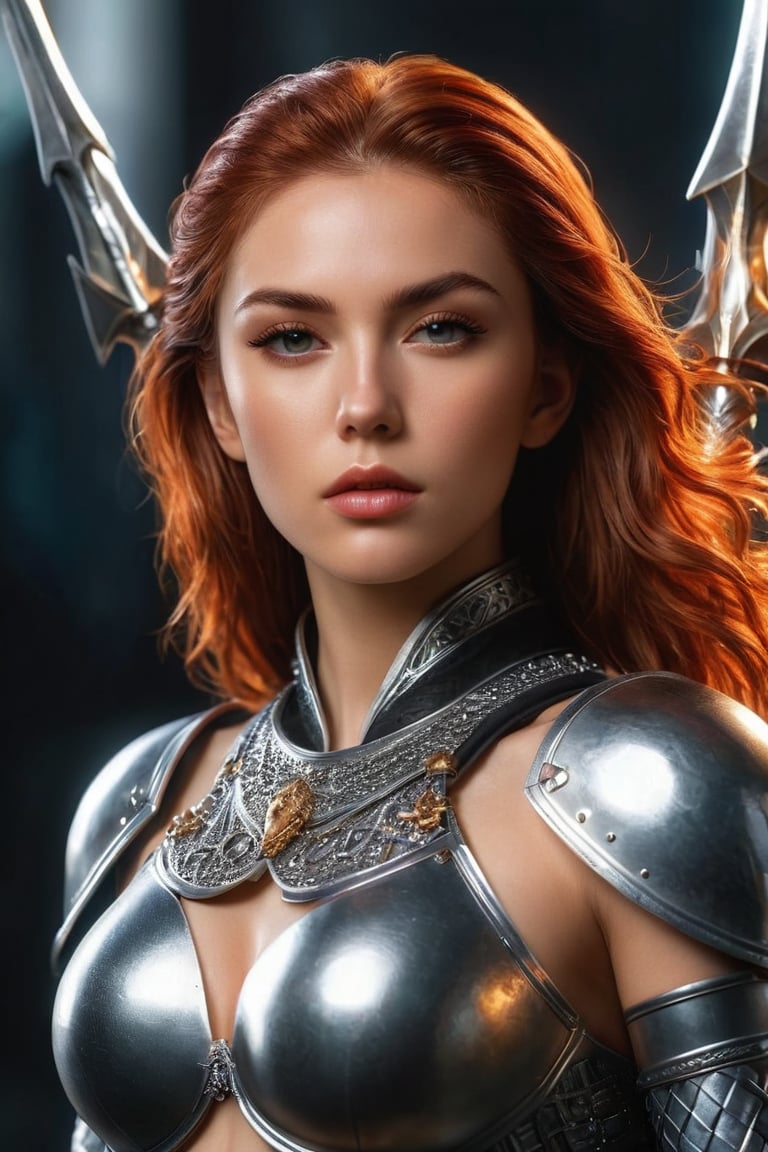 ((masterpiece)), ((best quality)), (((photo Realistic))), (portrait photo), (8k, RAW photo, best quality, masterpiece:1.2), (realistic, photo-realistic:1.3), A highly detailed and intricate female warrior with flowing golden hair that seems to be ablaze, giving off an intense, fiery glow. She is adorned in intricately sexy designed mesh-silver armor, which reflects light and has ornate patterns. The armor covers her entire body, including her arms, chest, and legs. She stands confidently In front of her, she clutches a shiny sharp spear in the form of a trident in her hand, exuding an aura of strength and determination. The background is dark, emphasizing the luminosity of her hair and the shine of her armor. She has long eyelashes and a beautiful face with sharp features. 30-megapixel, Canon EOS 5D Mark IV DSLR, 85mm lens, sharp focus, long exposure time, f/8, ISO 100, shutter speed 1/125, diffuse backlighting, fashion, cinematic, dark fantasy, portrait photography, ,xxmixgirl