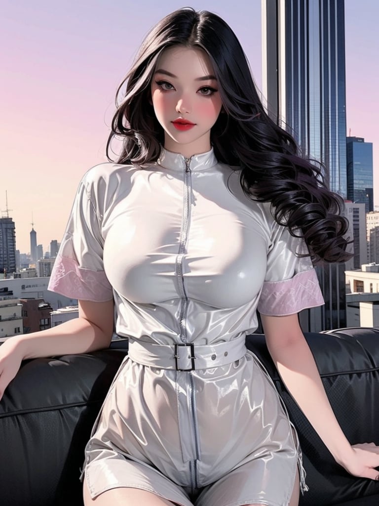 lustful, thigh up body, 1girl, ((masterpiece)), ((best quality)), (((photo Realistic))), A stunning, super-realistic 3D render of a young, twenty-year-old woman with violet hair, dark mascara, and pink lipstick. She wears a casual outfit of a white shirt and jeans, holding a sketchbook filled with names, hinting at her artistic or architectural talents. The background features a breathtaking city skyline, bathed in the warm hues of a vibrant sunset. This highly detailed 8K quality 3D image captures the essence of a cinematic, photo-like scene in the heart of the city.