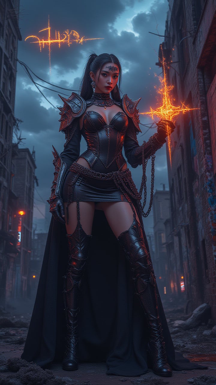 A female stoic Goth Soldier, standing amidst the urban decay of graffiti-laden walls and eerie neon lights. intricate markings lace across her forehead, adding a touch of dark fantasy mysticism to his imposing figure. Her sexy armor, with spikes and chains, shimmers under the neon glow. In her hand, she clutches a glowing gothic cross symbol, surrounded by swirling arcane runes, exuding an aura of mystical power. Dark clouds roil above, with orange fire cutting through the sky, enhancing the brooding atmosphere. The Goth Soldier's presence embodies the dark fusion of ancient magic with urban rebellion, a symbol of strength in a decaying world.